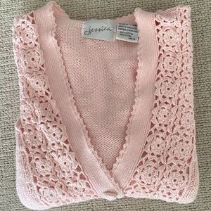 Light pink vintage knit cotton cardigan with crochet lace detailing